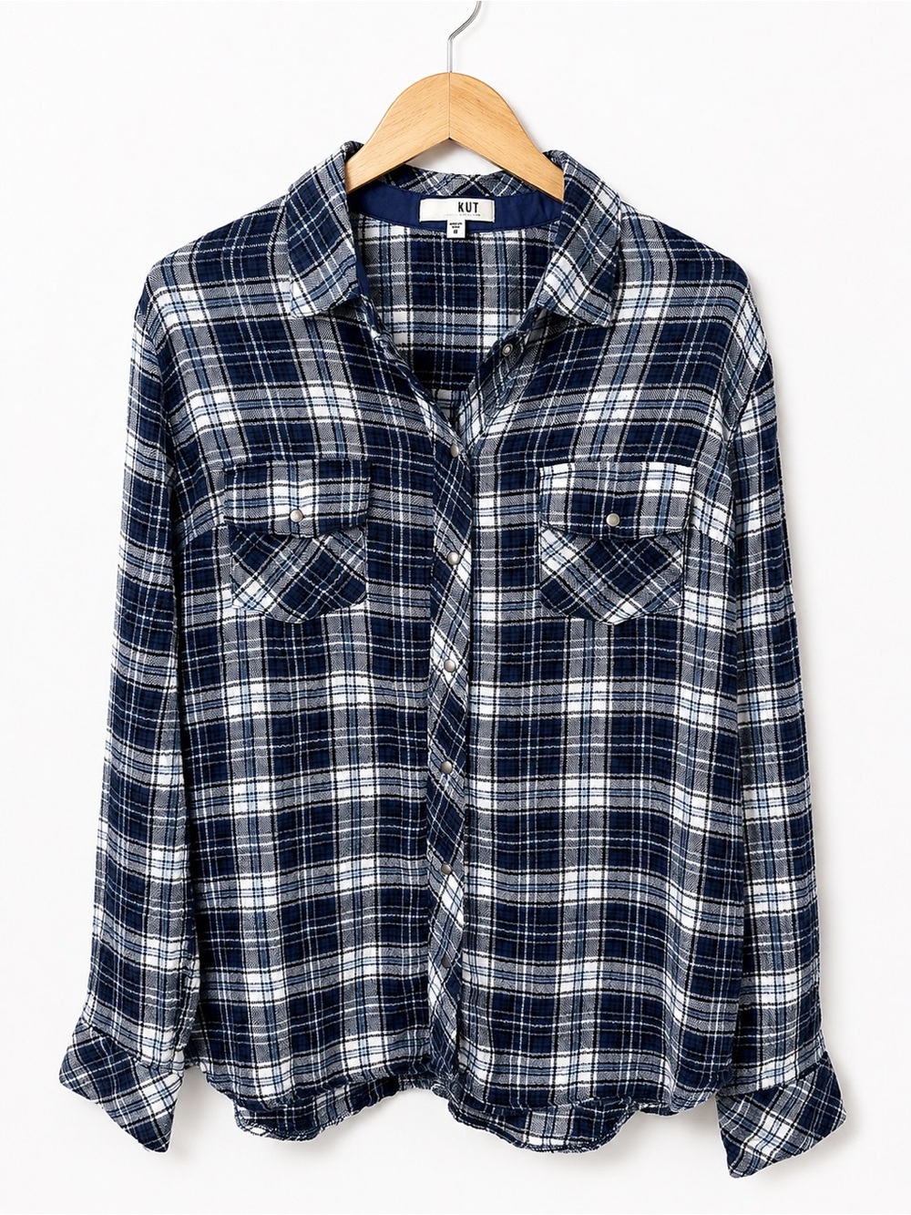 KUT from the Kloth women’s plaid snap button-up shirt in navy, blue and white